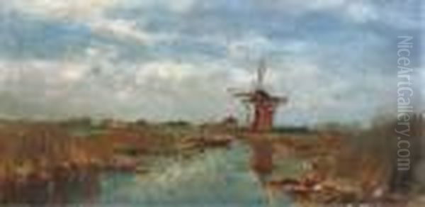 Windmill In A Reedland Oil Painting by Willem Johannes Weissenbruch