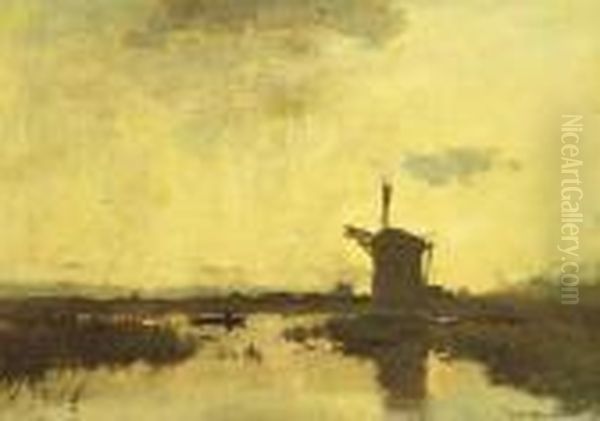 A Polder Landscape At Dusk Oil Painting by Willem Johannes Weissenbruch