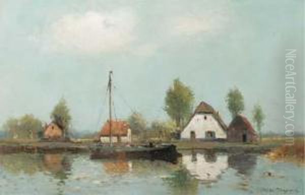 Farmhouses By The River On A Clear Day Oil Painting by Willem Johannes Weissenbruch