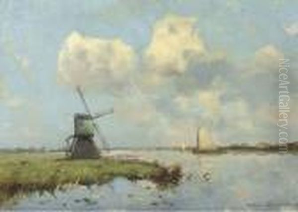 A Sunlit Polder Landscape With Sailing Barges Oil Painting by Willem Johannes Weissenbruch