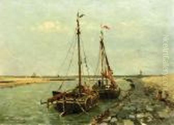 Moored Shrimp-fishing Vessels In The Estuary Of The 'oude Rijn', Katwijk Aan Zee Oil Painting by Willem Johannes Weissenbruch