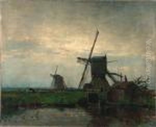 A Polder Landscape With Windmills Oil Painting by Willem Johannes Weissenbruch