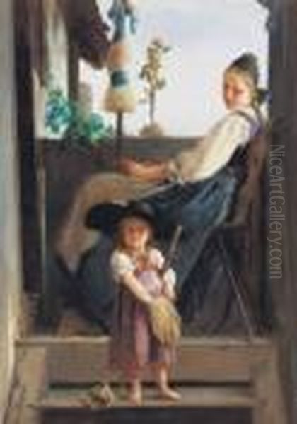 Girl And Her Mother Oil Painting by Adolphe Weisz