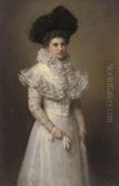 Portrait Of A Lady, Three-quarter-length, In A White Dress And Black Hat Oil Painting by Adolphe Weisz