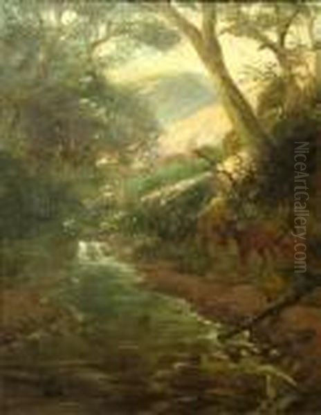 Deer By A Stream Oil Painting by Thaddeus Welch