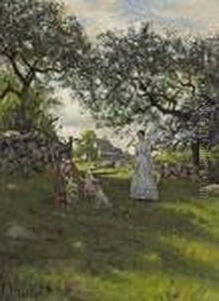 A Mother And Her Children In A Spring Landscape Oil Painting by Thaddeus Welch