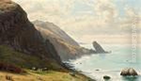 Coastal View With Cattle Grazing Oil Painting by Thaddeus Welch