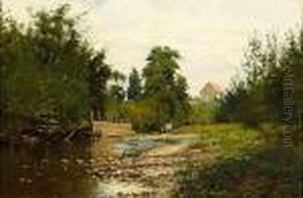 Cattle Watering At A Rocky Stream Bed Oil Painting by Thaddeus Welch