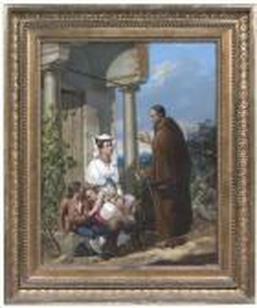 Weller, Theodor. A Franciscan Asking An Italian Woman With Her Children For Alms Oil Painting by Theodor Leopold Weller