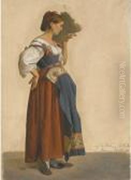 An Italian Woman In Local Costume In Profile To The Right Oil Painting by Theodor Leopold Weller