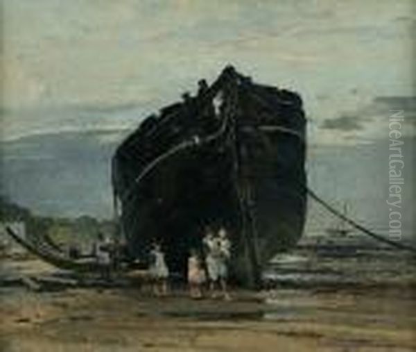 Children By A Boat, Low Tide Oil Painting by William Page Atkinson Wells