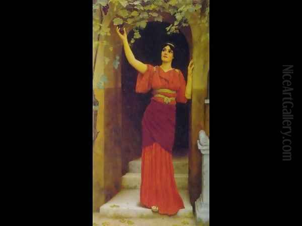 Young Girl Picking Grapes Oil Painting by John William Godward