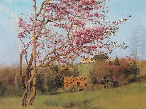 Landscape Of A Blossoming Red Almond Oil Painting by John William Godward