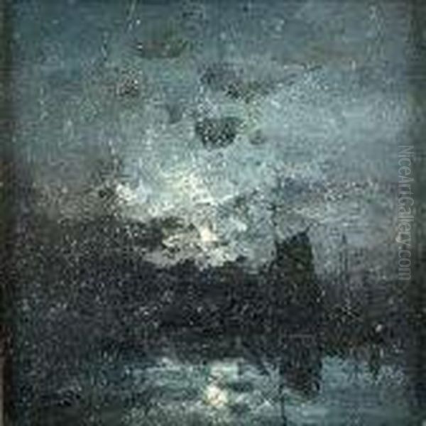 Boats At Anchor, Moonlight Oil Painting by William Page Atkinson Wells