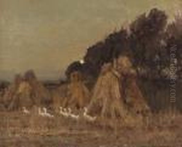 Geese In A Cornfield, At Dusk Oil Painting by William Page Atkinson Wells