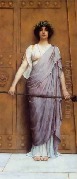 At the Gate of the Temple (or The Priestess of Bacchus) Oil Painting by John William Godward