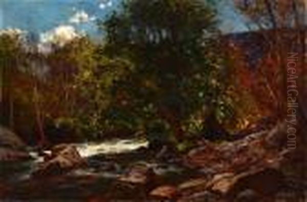 River Through Wooded Landscape Oil Painting by William Wendt