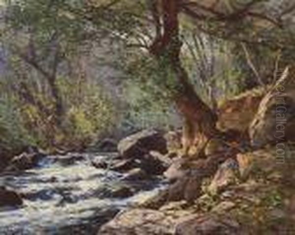 A Tranquil Stream In A Forest Interior Oil Painting by William Wendt