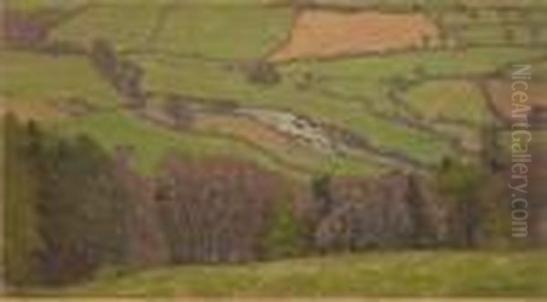 A Patchwork Of Fields Along A Meandering River Oil Painting by William Wendt