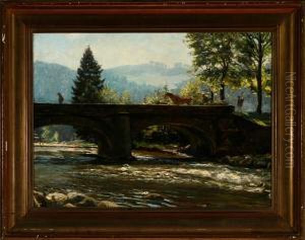 Southern Landscape With A Bridge Oil Painting by Carl Wentorf