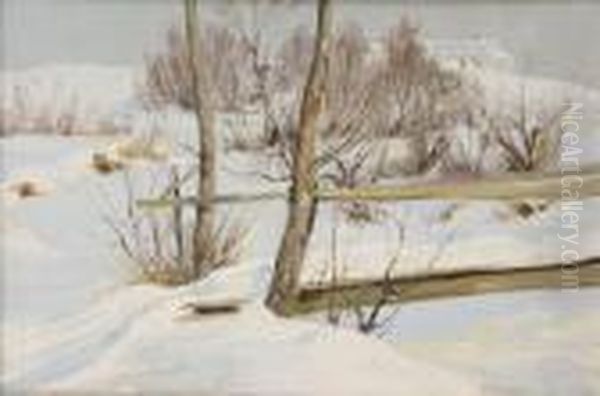 Winterlandscape Withhouses Oil Painting by Niels Gustav Wentzel