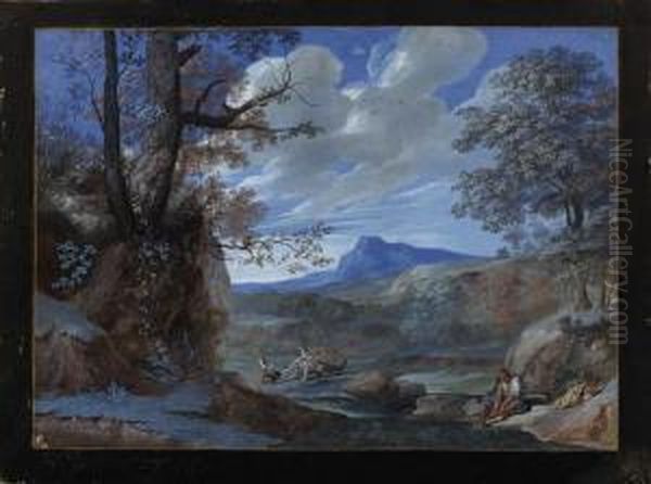 An Extensive Rocky Landscape 
With Martha Overcoming The Dragon,lazarus Washing His Feet In A Stream 
In The Foreground Oil Painting by Joseph Werner