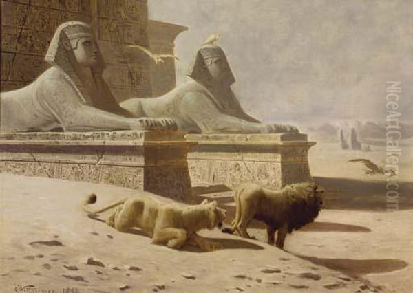 Lions Guarding An Egyptian Tomb Oil Painting by Gustav Wertheimer