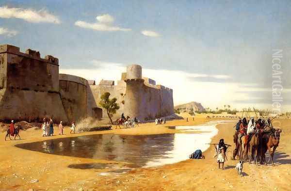 An Arab Caravan outside a Fortified Town, Egypt Oil Painting by Jean-Leon Gerome