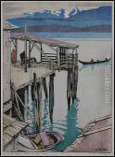 Jim King's Wharf, Alert Bay, Bc Oil Painting by Joseph Walter West