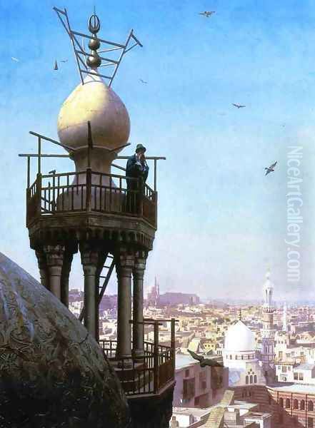 A Muezzin Calling From The Top Of A Minaret The Faithful To Prayer Oil Painting by Jean-Leon Gerome