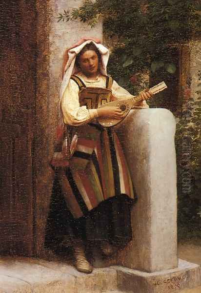 An Italian Girl Playing a Mandolin Oil Painting by Jean-Leon Gerome