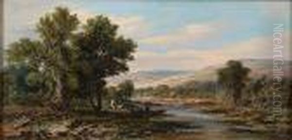 Fishermen In An Upland River Landscape Oil Painting by J. Westall