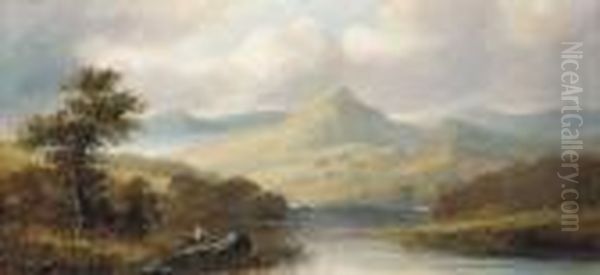 An Angler In A Mountainous Landscape Oil Painting by J. Westall