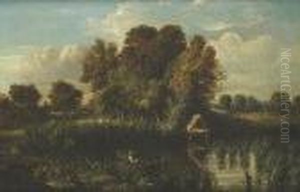 Fisherman In A Boat In A River Landscape Oil Painting by William Westall