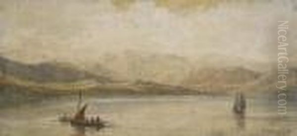 Boats In A Lakeland Landscape Oil Painting by William Westall