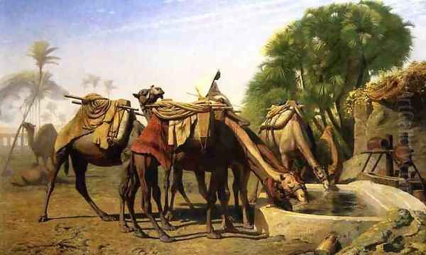 Camels at a Watering Trough Oil Painting by Jean-Leon Gerome