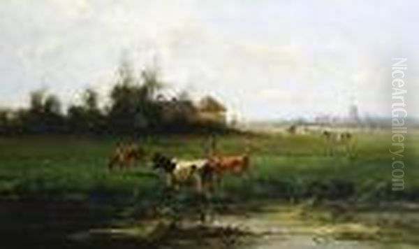 Cattle By A Stream, A Windmill Beyond Oil Painting by Cornelis I Westerbeek