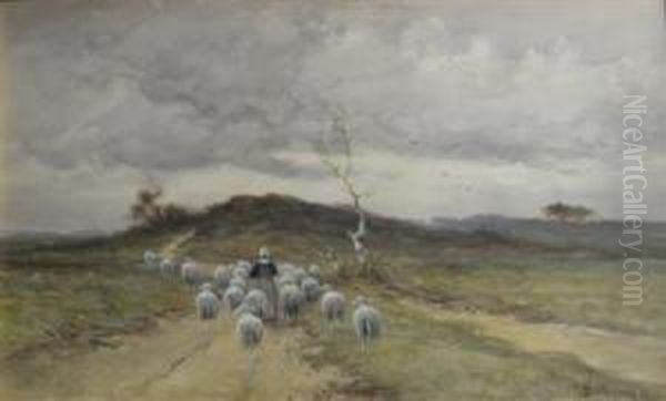 Shepherdess With Sheep Oil Painting by Cornelis I Westerbeek