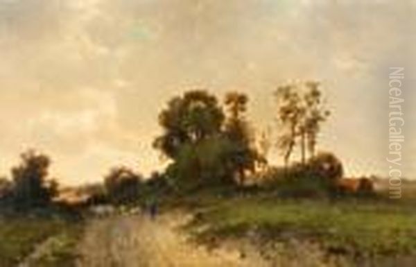 Herder Met Schapen Op Landweg Oil Painting by Cornelis I Westerbeek