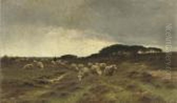 Herding The Sheep On The Heath Oil Painting by Cornelis I Westerbeek