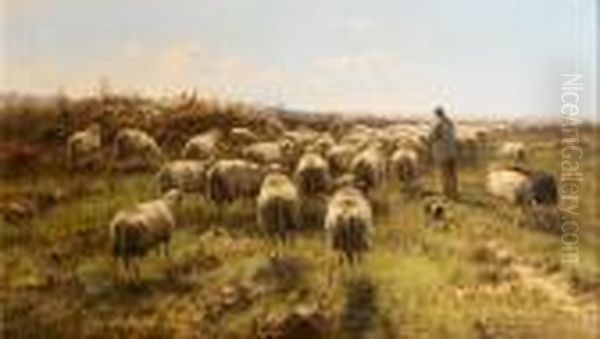 Shepherd Tending His Flock Oil Painting by Cornelis I Westerbeek