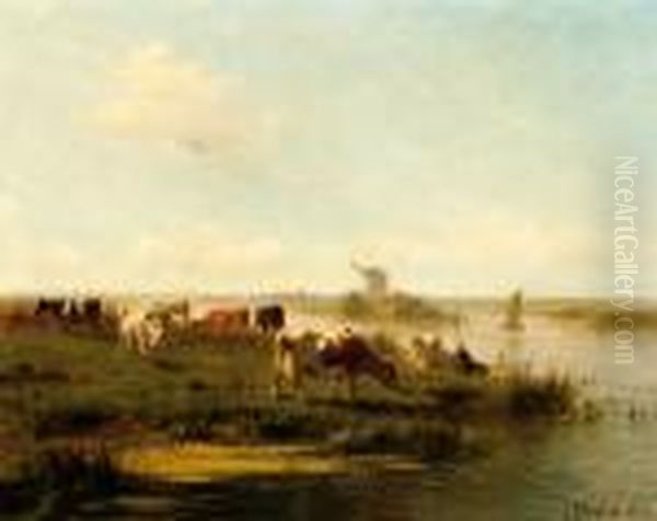 Cows Near The Water Oil Painting by Cornelis I Westerbeek