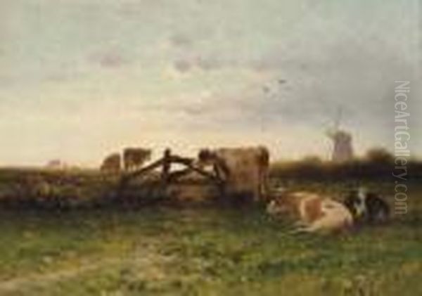 Cows In A Meadow With A Windmill At Sunset Oil Painting by Cornelis I Westerbeek