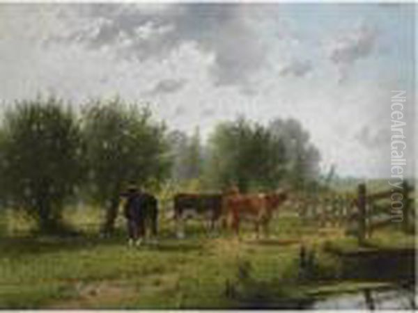 A Summerlandscape With Cows Oil Painting by Cornelis I Westerbeek