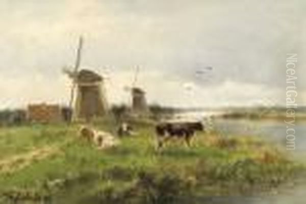 Sommerliche Flusslandschaft Mit Grasenden Kuhen. Oil Painting by Cornelis I Westerbeek