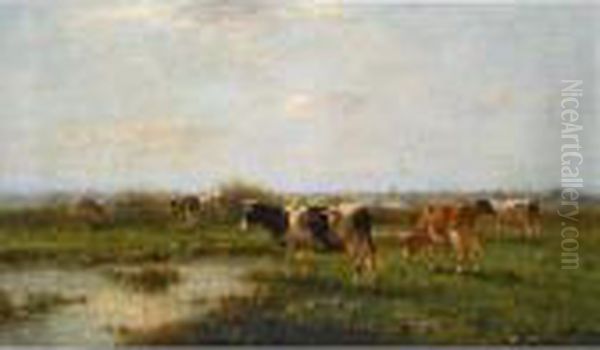 Cows In A Polder Landscape Oil Painting by Cornelis I Westerbeek