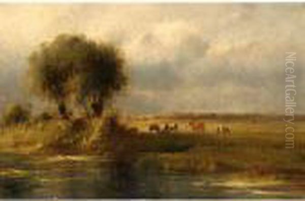 Cows In Summer Landscape Oil Painting by Cornelis I Westerbeek