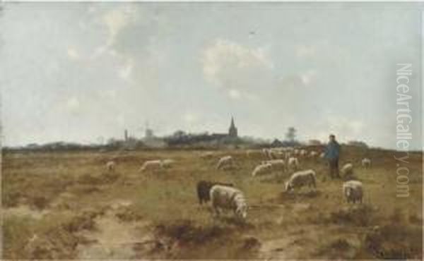 A Shepherd With His Flock, A Village In The Distance Oil Painting by Cornelis I Westerbeek