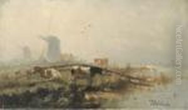 Cattle By An Estuary, Windmills Beyond Oil Painting by Cornelis I Westerbeek