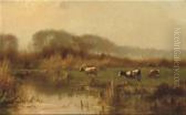 Autumn: Cows By The Waterside Oil Painting by Cornelis I Westerbeek